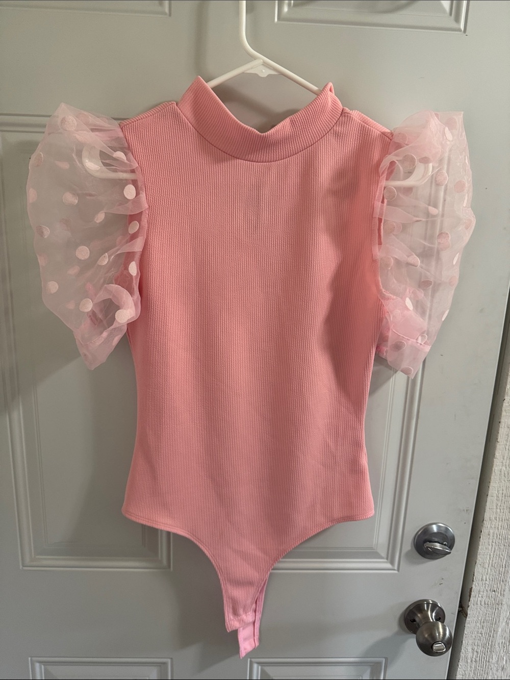 Girls' Pink Puff Sleeve Bodysuit with Polka Dot Organza Sleeves